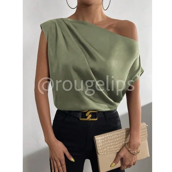 Army Green Satin Draped Asymmetrical Blouse Top Off One Shoulder - Picture 7 of 13